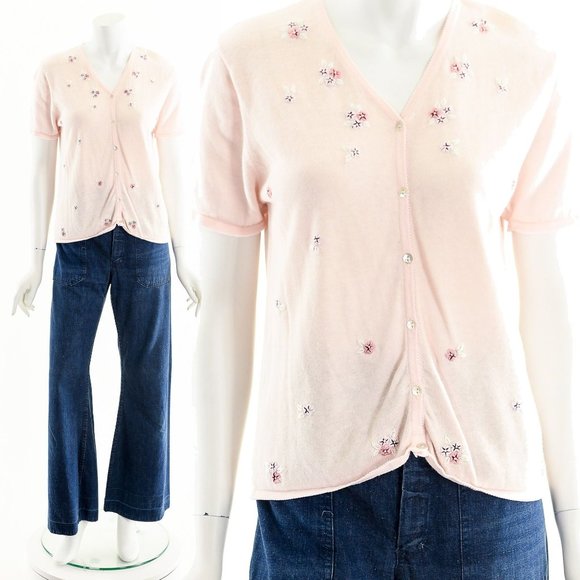 Pink Knit Sweater,Baby Pink Cardigan,Floral Short Sleeve Sweater,Vintage Sprint - Picture 3 of 10
